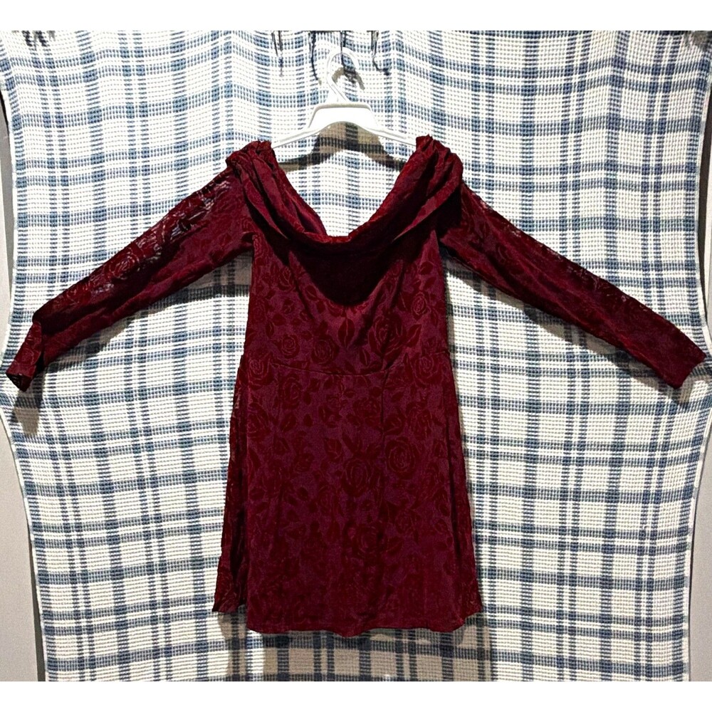 Wild Fable Burgundy Off Shoulder Long Sleeve Mesh Floral Lined Mini Dress M